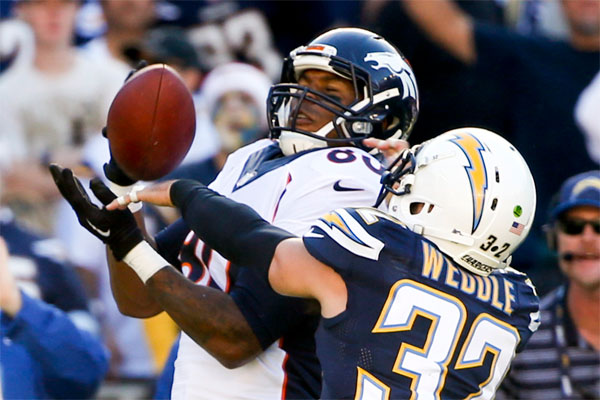 Julius Thomas bat Eric Weddle sur une passe de P.Manning
